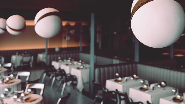 The setting shows a restaurant with round lamps hanging from the ceiling. Tables are arranged with white tablecloths and dishes prepared for guests. It is an indoor space with modern decor.