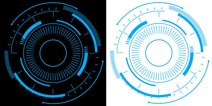 Technology futuristic circular interface with glowing blue digital HUD elements and sci-fi data visualization design