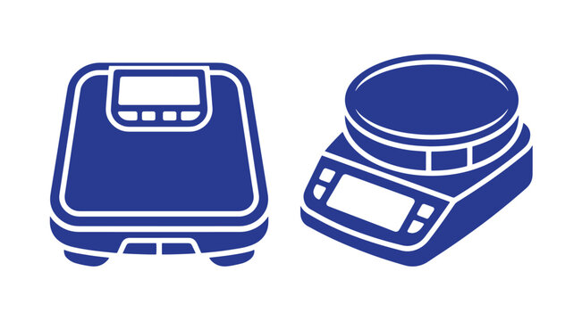 Blue digital kitchen and bathroom scale weight measurement devices, isolated on a white background, set