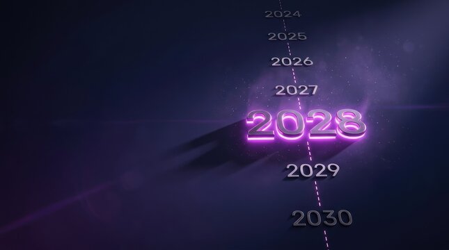 Glowing purple year twenty twenty eight timeline display featuring metallic numbers against a dark textured background