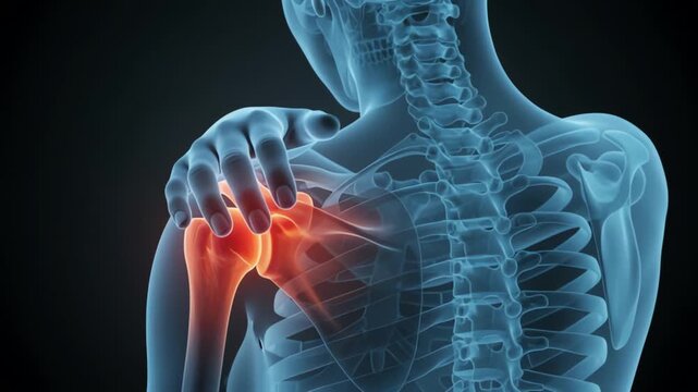 Human shoulder joint anatomy illustration with highlighted shoulder area