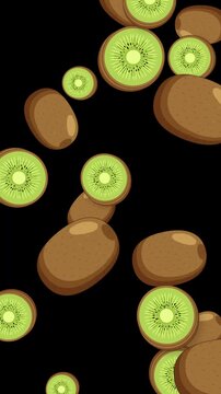 Vertical Animation of Whole and Sliced Kiwi Fruit Falling on Black Background