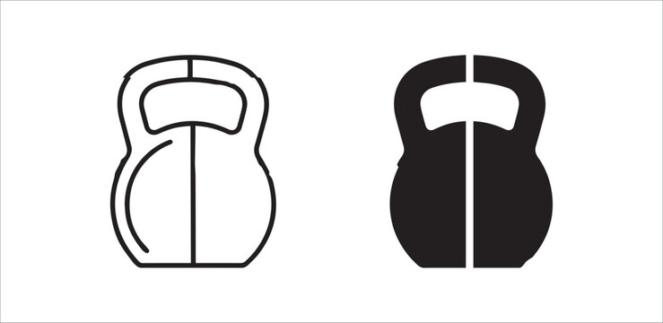 Kettlebell fitness equipment icons featuring dual representation in outlined and filled black solid vector design.