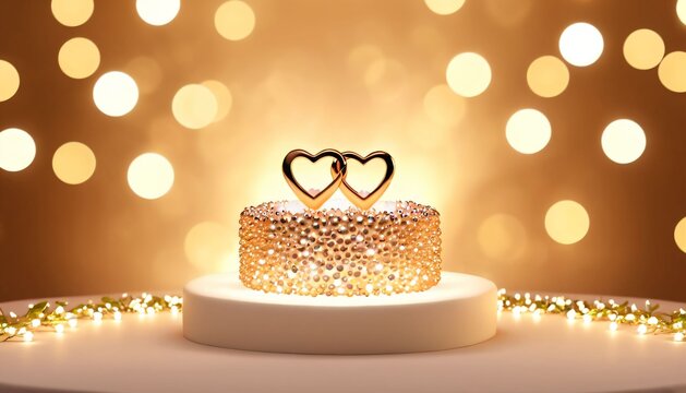 Wedding rings and heart toppers on sparkling cake pedestal
