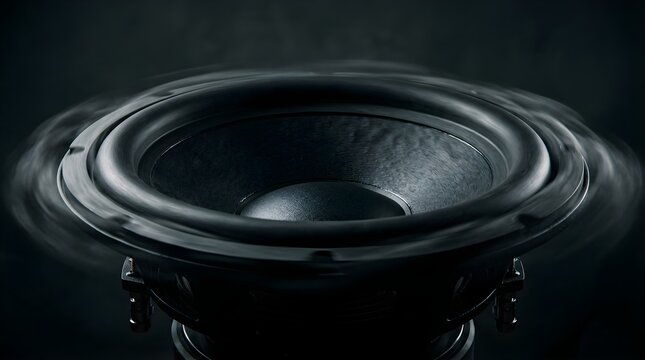 Vibrating audio speaker cone creating powerful sound waves on dark background