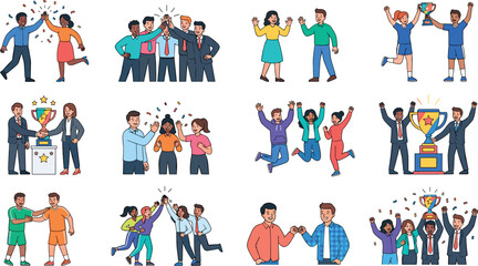 Fototapeta premium Successful Business Team and Athletes Celebrating Victory Icon Set with People High Fiving Jumping Holding Trophy Cup for Corporate Reward Designs