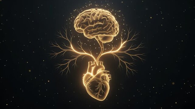 Golden brain and heart connected by nervous system illustration in space background