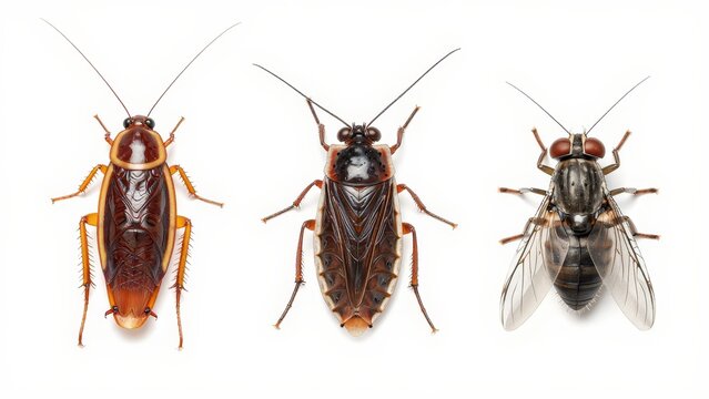 Various Types of Cockroaches and a Fruit Fly on White Background