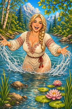 A joyful blonde woman in traditional embroidered clothing splashes through a clear mountain river, framed by forests, water lilies, rocks, and bright illustrated scenery.