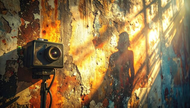 Camera on tripod against textured wall with light rays.