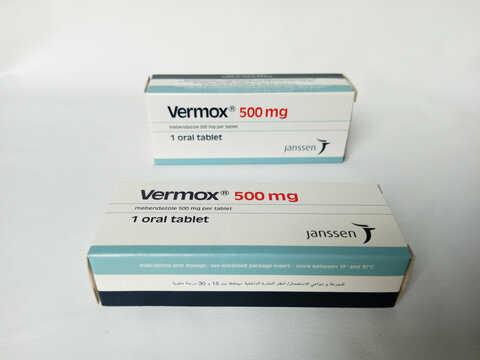 Two Vermox Tablets boxes on white background. To treat worm infections in the human body. Deworming medicine. By Lusomedicamenta Sociedade Tecnica Farmaceutica SA. Kumasi, Ghana - January 13, 2026