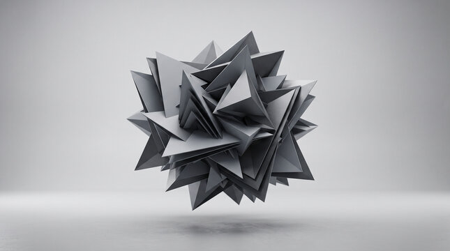Abstract geometric 3d structure composed of multiple sharp triangular pyramids and complex polygonal shapes floating in a minimalist studio setting