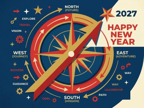Conceptual 2027 new year design featuring a compass rose with directional goals like north future, south mission, east adventure, and west journey