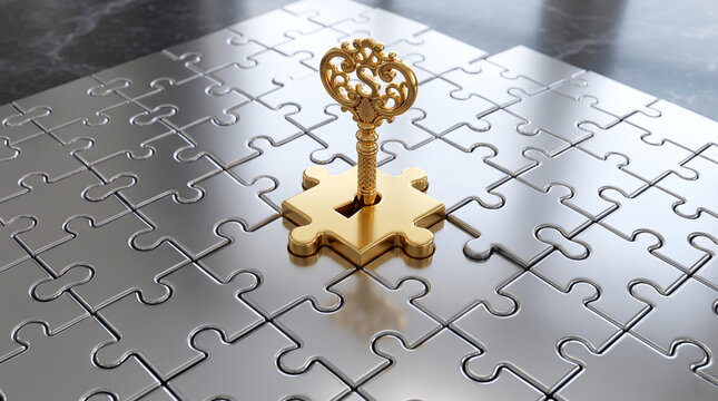 A golden vintage key standing upright in a central puzzle piece surrounded by a grid of metallic silver puzzle pieces on a dark marble surface
