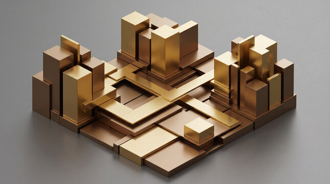 Abstract composition of metallic gold and bronze geometric blocks and rectangular prisms arranged in a modern architectural cityscape structure on a grey surface