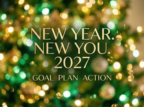 New year new you 2027 motivational quote with goal plan action text over a blurred christmas tree background