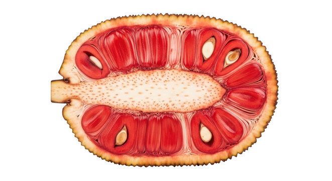 Red jackfruit cut in half showing seeds and vibrant fleshy interior tropical fruit.