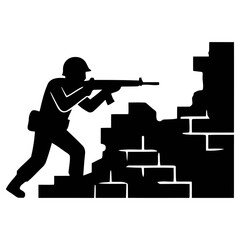 Obraz premium Silhouette vector illustration of a soldier firing a rifle from behind a destroyed brick wall in a tactical combat scenario