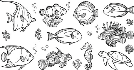 Obraz premium Tropical coral reef fish vector line art set with clownfish lionfish seahorse sea turtle and underwater marine icons