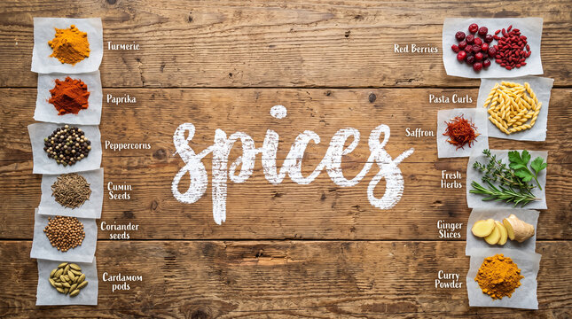 Top view of various spices and herbs arranged on a rustic wooden background with the word spices written in the center