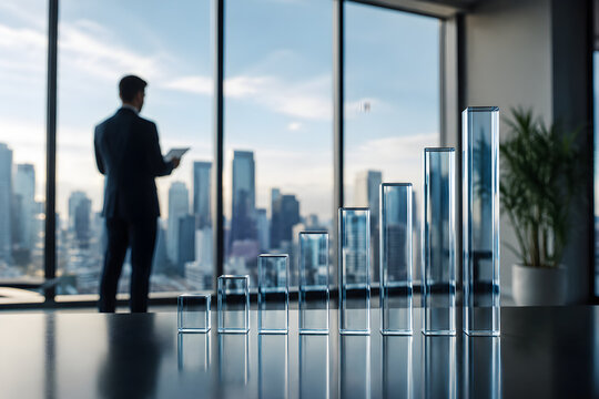 Glass rectangular prisms in ascending order stand on a reflective surface viewed from a modern office growth progress development business
