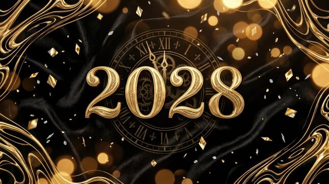 Golden twenty twenty eight numbers displayed over a black satin background with an elegant clock face