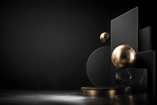A dark geometric composition features metallic spheres rectangular prisms and a circular platform with gold accents sphere prism black minimalist