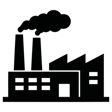 Vector graphic illustration of a modern industrial factory emitting smoke from its towering chimneys, symbolizing manufacturing, pollution, and economic activity design concept.