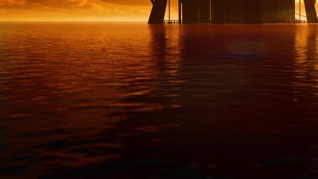 A bright sunset fills the sky with warm colors while water reflects the light. A large structure stands on the shore, creating a dark silhouette against the sun.