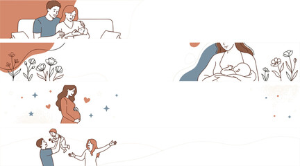 Naklejka premium Minimalist Motherhood and Family Banner Template Set with Line Art Pregnancy, Breastfeeding Mother, Parents and Newborn Baby, and Toddler Playtime Illustrations