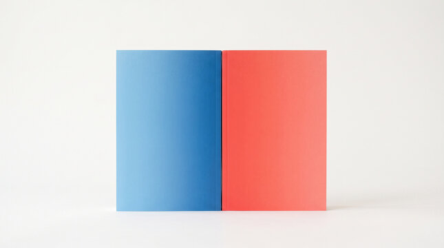 Two blank hardcover books standing side by side, one blue and one red, isolated on white background