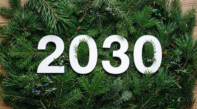 New year 2030 concept, white numbers on a background of fresh green pine branches and fir needles, festive holiday decoration, winter seasonal greeting card design
