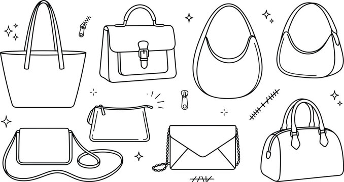 Womens handbags and purses vector line icon set featuring tote bag briefcase clutch shoulder bag and crossbody purse