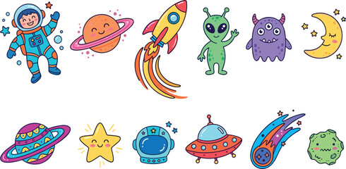Cute Kawaii Outer Space Vector Icon Set Featuring Cartoon Astronaut, Rocket Ship, Alien, Monster, UFO, Planets, Moon, Stars, and Comet Illustrations © Mifta