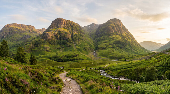 Stunning panoramic view of the three sisters mountains in glencoe, scotland, featuring a winding hiking path and a small stream in a lush green valley