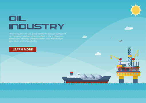 Modern oil production background for website banners and social media. Industrial petroleum refinery plant, offshore energy drill rig, fuel pipeline transport, and gas industry vector design.
