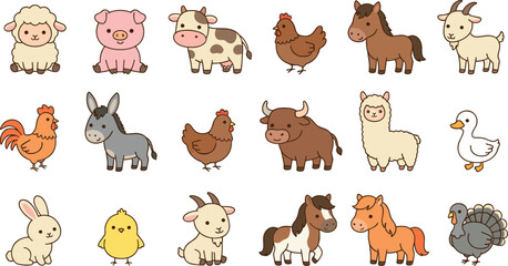 Naklejka premium Cute Kawaii Farm Animals Vector Icon Set Featuring Cow, Pig, Sheep, Horse, Chicken, Duck, Goat, Donkey, Alpaca, Rabbit, and Turkey Cartoon Character Illustrations