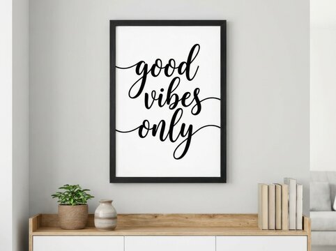 A framed wall art print with the text good vibes only in elegant black cursive calligraphy, displayed on a shelf with a plant and books
