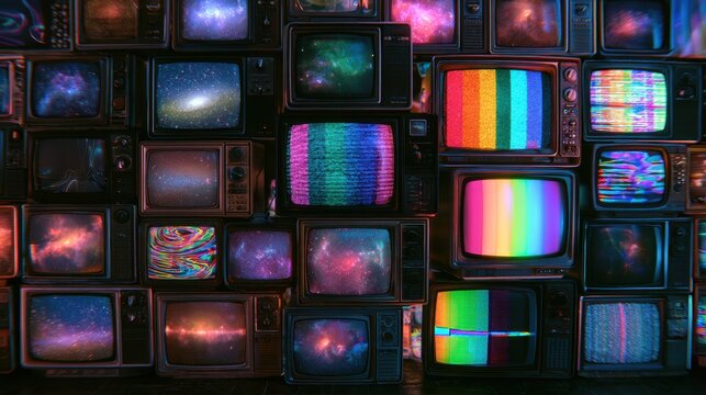 Vintage television set wall with colorful static and cosmic space galaxy visuals displaying retro technology and futuristic abstract screen patterns in dark room