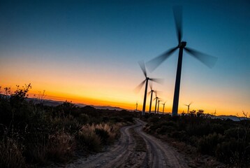 Obraz premium Wind Turbine Farm Generating Renewable Energy at Sunrise in Rural Landscape