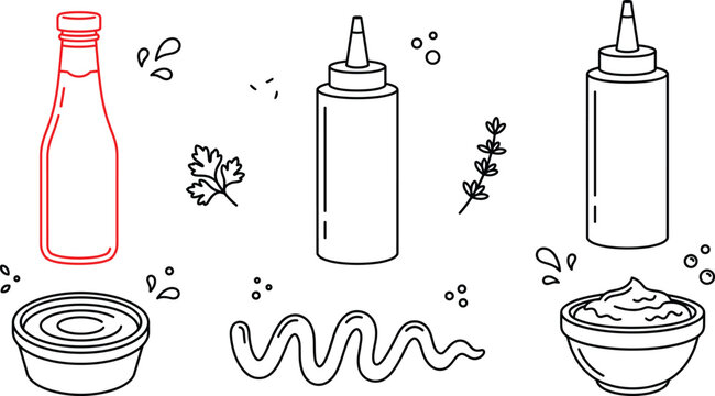 Sauce bottle vector icon set featuring ketchup mustard mayonnaise squeeze bottles and dipping bowls with line art decoration