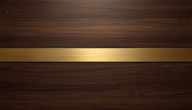 Luxury dark walnut wood texture background with brushed brass metallic accent and copy space