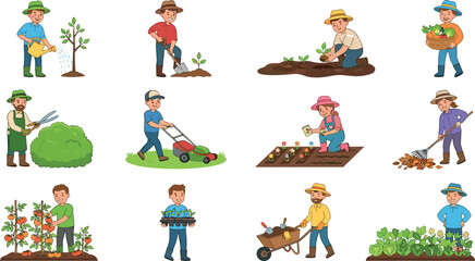 Fototapeta premium Cute Cartoon Farmers and Gardeners Character Vector Set Performing Agricultural Activities Like Watering, Planting, Mowing, Harvesting, and Gardening on White Background