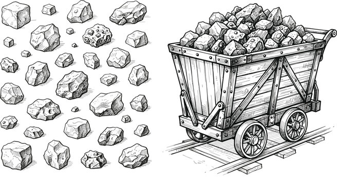 Vintage mine cart on railway tracks filled with coal stones alongside individual raw rock fragments sketch