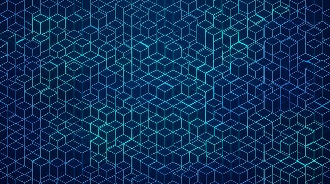 Dark Blue Seamless Isometric Cube Grid Pattern Background. Abstract Textured Wallpaper Background.