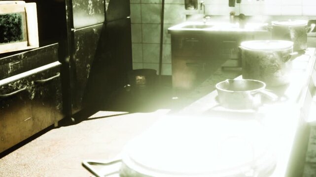 Sunlight enters a kitchen filled with cookware on the counter and appliances in the background. The space appears busy with collected items. The scene is quiet in the morning.