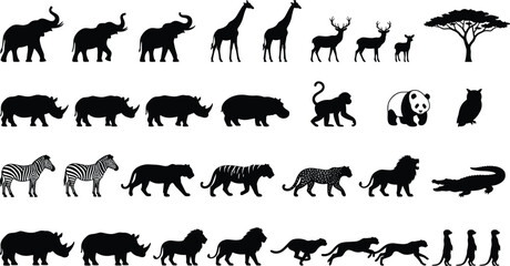 Naklejka premium Wild safari animals black shape icons collection featuring elephant giraffe lion tiger zebra rhino hippopotamus and deer