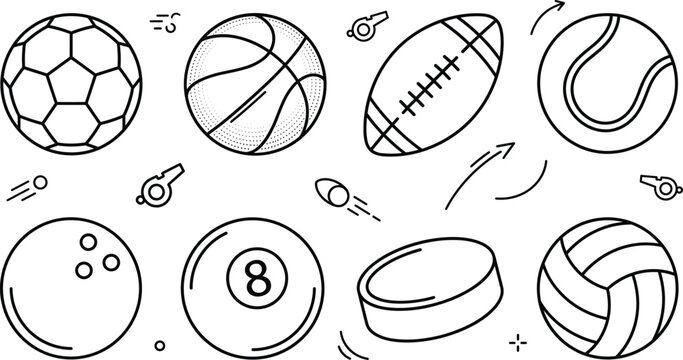 Sports equipment ball vector illustration collection featuring soccer basketball football tennis bowling hockey puck and volleyball line elements