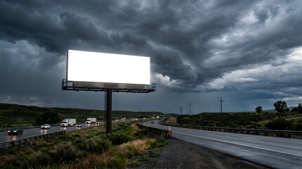 Obraz premium Blank white roadside billboard on a highway under a stormy dramatic sky
