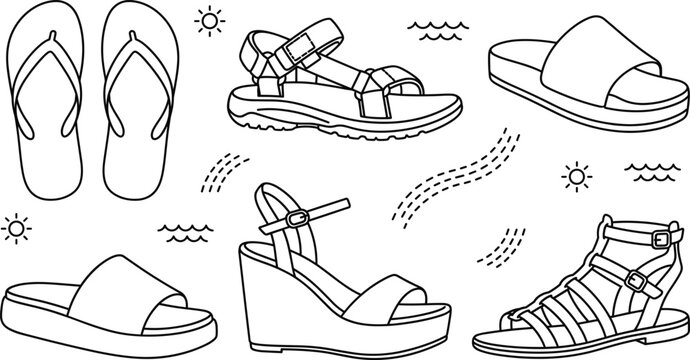 Summer sandals vector line icon set featuring flip flops wedges slides gladiator footwear sports sandals sun and waves